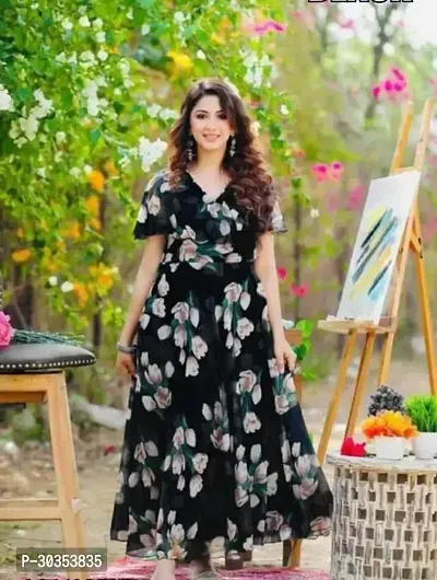 Beautiful Georgette Black Printed Indo-western Gown-thumb0