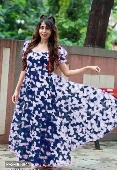 Beautiful Georgette Blue Printed Indo-western Gown-thumb0