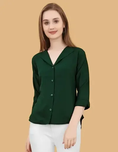 SADGUN CREATION Women's Solid Lycra 3/4 Sleeve Collared V-Neck Designer Shirt (S_E_44439-Green-Small)