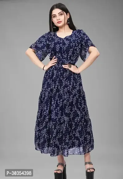 Beautiful Georgette Navy Blue Printed Indo-western Gown