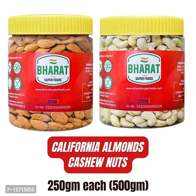 Bharat Super Foods Premium Dry Fruits Combo Pack - California Almonds  Cashew Nuts W320 - 250gm each ndash; Food Grade Reusable Jar Pack - (500gm)