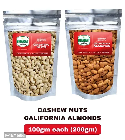 Bharat Super Foods Premium Dry Fruits Combo Pack - California Almonds  Cashew Nuts W320 - 100gm each (200gm)