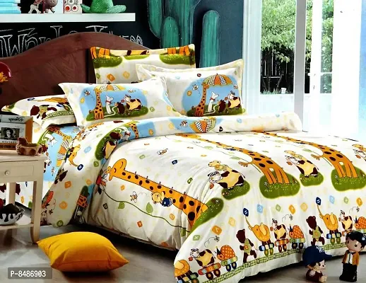 Stylish Fancy Printed Glace Cotton For Kids Double Bedsheet With 2 Pillow Covers