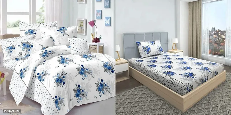 160TC Glace Cotton Same Design Combo set of 1 Double Bedsheet with 2 Pillow Covers  1 Single Bedsheet with 1 Pillow Cover