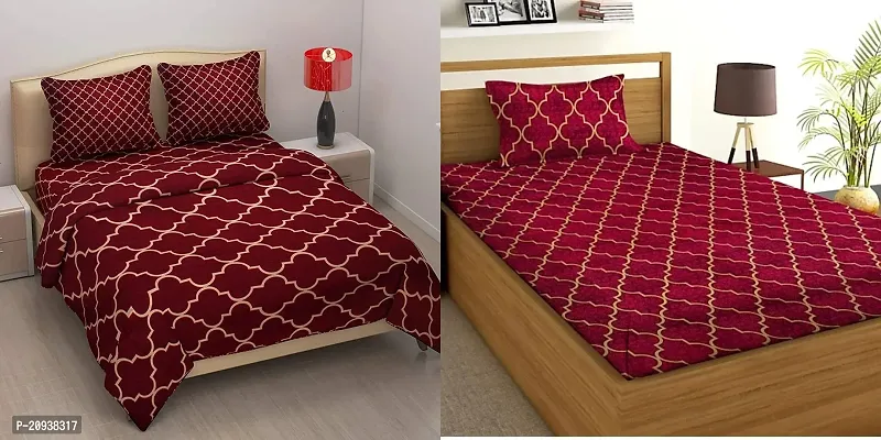 160TC Glace Cotton Same Design Combo set of 1 Double Bedsheet with 2 Pillow Covers  1 Single Bedsheet with 1 Pillow Cover