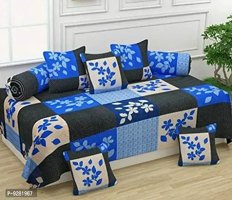 3D Printed Polycotton 8 Pc Diwan Set (1 Single Bedsheet + 2 Bolster Covers + 5 Cushion Covers)