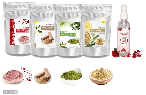 Pankhudi Multani Mitti + Chandan Powder + Neem Powder + Rose Powder + Pankhudi Rose Water Combo Face Pack - 100gm Each (Pack of 5)-thumb2