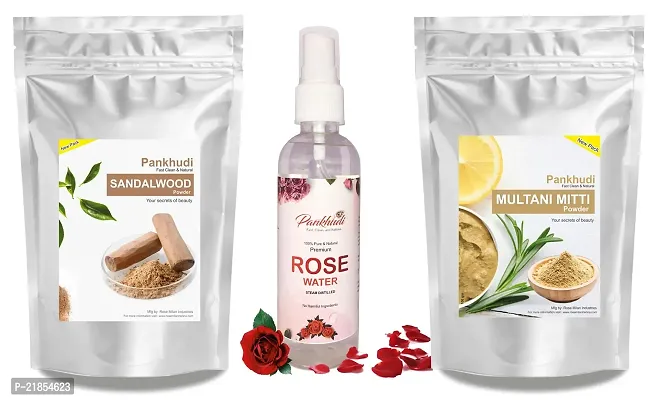 Pankhudi Sandalwood Powder For Skin Whitening + Pure Multani Mitti Powder + Rose Water Combo Face pack - 100 gm-thumb0