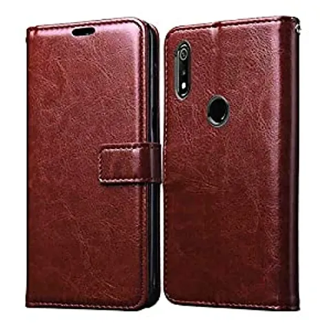 CASSIEY PU Faux Leather Flip Cover for Realme 3 Pro - Brown - Executive Business Inner Soft TPU, Premium Leather, Magnetic Lock, Wallet, Stand