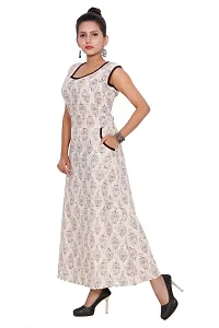 Dhruvi Casual Wear Cotton Long Maxi Dress for Women Pocket Dress (Free Size Upto 44-XXL) Off White-thumb1