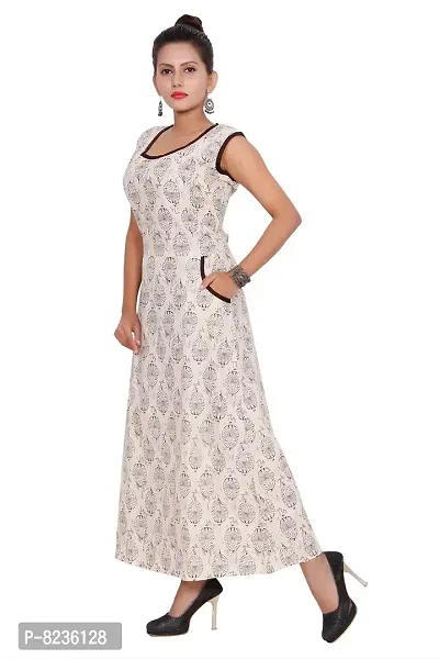 Dhruvi Casual Wear Cotton Long Maxi Dress for Women Pocket Dress (Free Size Upto 44-XXL) Off White-thumb2