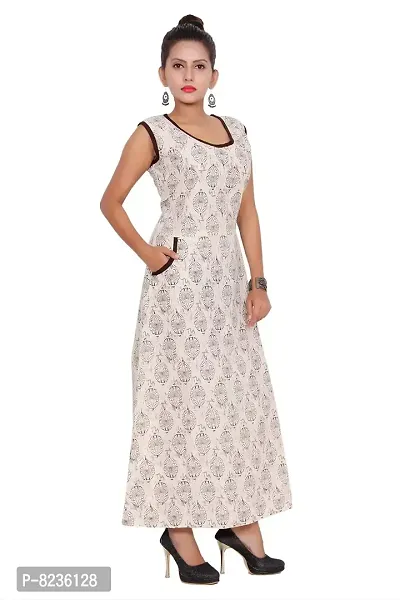 Dhruvi Casual Wear Cotton Long Maxi Dress for Women Pocket Dress (Free Size Upto 44-XXL) Off White-thumb3