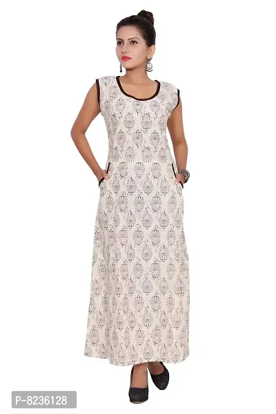 Dhruvi Casual Wear Cotton Long Maxi Dress for Women Pocket Dress (Free Size Upto 44-XXL) Off White-thumb0