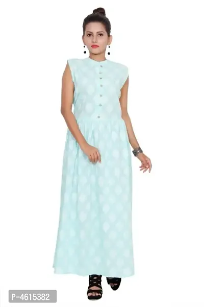 Elite Turquoise Cotton Printed Long Gown For Women-thumb0