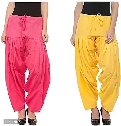 Women's Patiala Pant || Women's Cotton Plain Semi Patiala Salwar Combo of 2 || Women's Stretch Fit Salwar Pants (Pack of 2) (Color - Pink & Yellow, Size - Free Size)