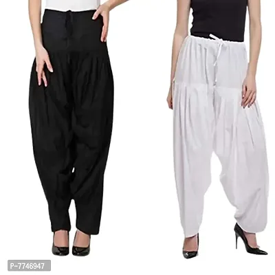 Women's Patiala Pant || Women's Cotton Plain Semi Patiala Salwar Combo of 2 || Women's Stretch Fit Salwar Pants (Pack of 2) (Color - White & Black, Size - Free Size)