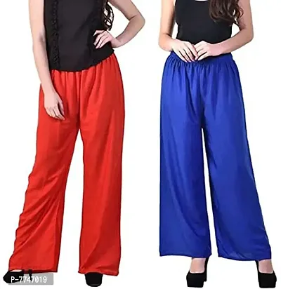 Rayon Palazzo Pant for Women's Combo Set of 2 || Women's Cotton Regular Fit Pant Palazzo Bottom Free Size (Combo Pack) (Color - Red & Royal Blue, Size Free Size)-thumb0