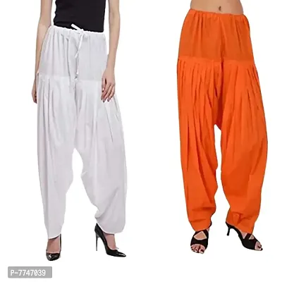 Women's Patiala Pant || Women's Cotton Plain Semi Patiala Salwar Combo of 2 || Women's Stretch Fit Salwar Pants (Pack of 2) (Color - White & Orange, Size - Free Size)