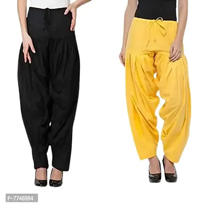 Women's Patiala Pant || Women's Cotton Plain Semi Patiala Salwar Combo of 2 || Women's Stretch Fit Salwar Pants (Pack of 2) (Color - Black & Yellow, Size - Free Size)-thumb0