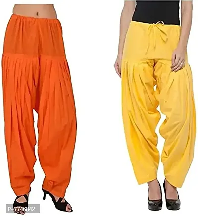Women's Patiala Pant || Women's Cotton Plain Semi Patiala Salwar Combo of 2 || Women's Stretch Fit Salwar Pants (Pack of 2) (Color - Orange & Yellow, Size - Free Size) DTH-229-ORYL