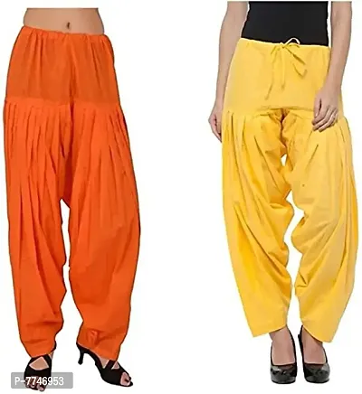 Women's Patiala Pant || Women's Cotton Plain Semi Patiala Salwar Combo of 2 || Women's Stretch Fit Salwar Pants (Pack of 2) (Color - Orange & Yellow, Size - Free Size)-thumb0