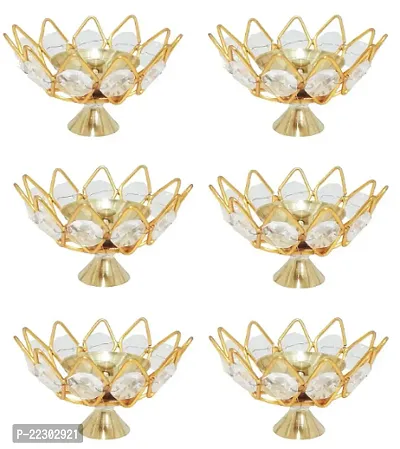 KAPER Brass Crystal Diya Round Set of 6 Kamaldeep for Puja and Diwali Decoration (3 inches) Pack Of 6