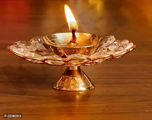 KAPER Brass Diya for Pooja Akhand Diya Crystal Oil Lamp Deepak for Diwali Mandir Decor Puja Articles (Dia - 4.5 Inch) Pack Of 1-thumb0