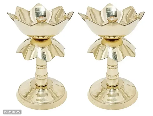 KAPER Set of 2 Pure Brass Diya for Puja Temaple Diwali Decoration and Gifting | Lotus Shape Pillar Diya Stand for Home Mandir Pooja Articles Decor (Size 3.5... Pack Of 2