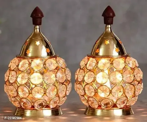KAPER Brass Crystal Diya Set of 2 for Pooja and Diwali Decoration Office Desk Table Decor (5.5 inches) Pack Of 2-thumb0