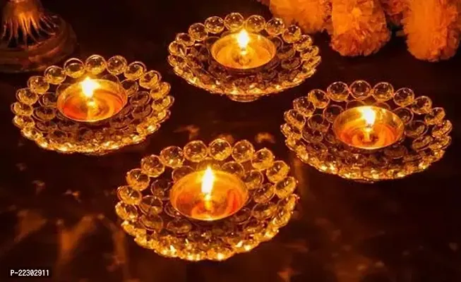 KAPER Brass Crystal Diya Oil Lamp for Pooja (Set of 4) Traditional Round Akhand Deepak for Mandir Room Diwali Decorations Puja Articles (4.5 Inches) Pack Of 4
