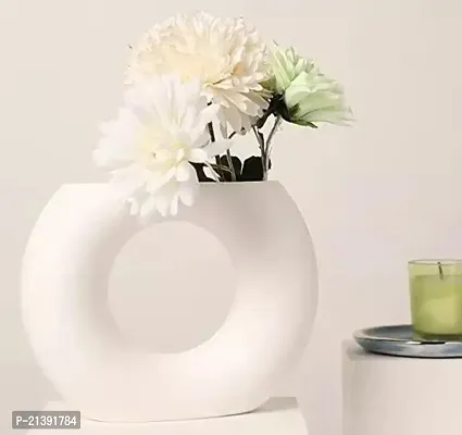 Premium Quality White Solid Round Ceramic Donut Flower Vase Pot For Home Decor - Center Table Decorative Item For Living Room, Dining Table, Office, Bedroom - Flower Pot - Decorative Items