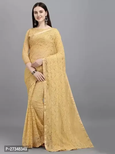 Elegant Beige Net Self Pattern Bollywood Saree With Blouse Piece