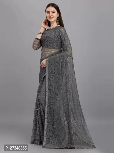 Elegant Grey Net Embellished Bollywood Saree With Blouse Piece-thumb2