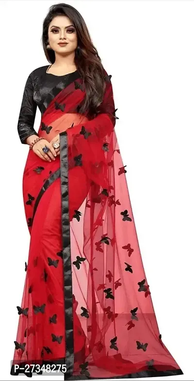 Elegant Red Net Applique Bollywood Saree With Blouse Piece-thumb0