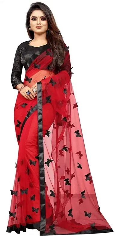Net 3D Butterfly Embellished Sarees with Blouse Piece