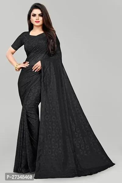 Elegant Black Net Self Pattern Bollywood Saree With Blouse Piece