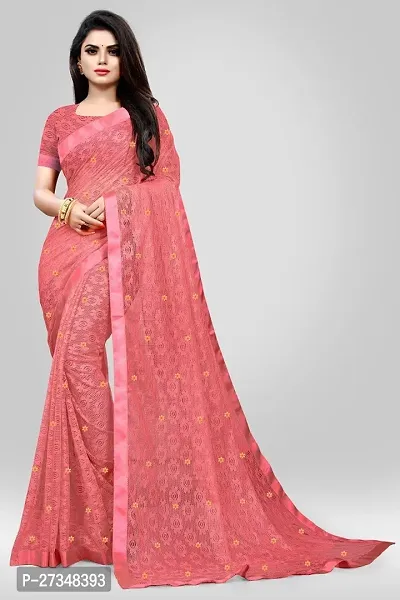 Elegant Red Net Embellished Daily Wear Saree With Blouse Piece-thumb0