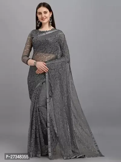 Elegant Grey Net Embellished Bollywood Saree With Blouse Piece-thumb0
