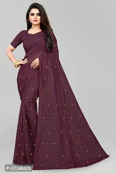 Elegant Purple Net Embroidered Daily Wear Saree With Blouse Piece