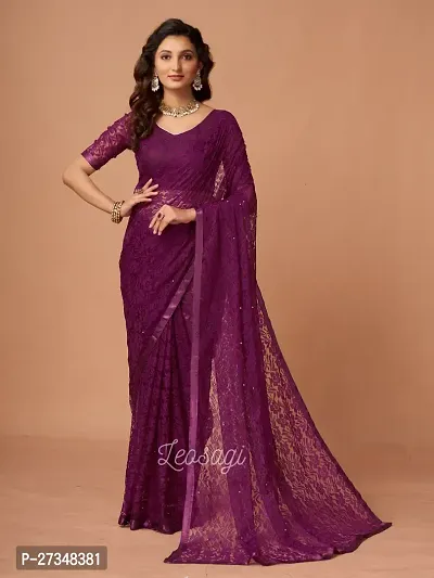 Elegant Purple Net Embellished Bollywood Saree With Blouse Piece