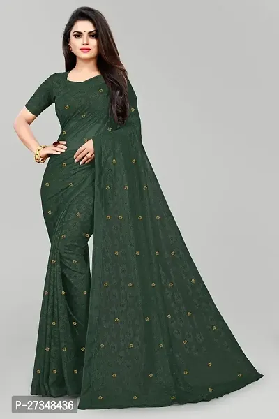 Elegant Green Net Embroidered Daily Wear Saree With Blouse Piece