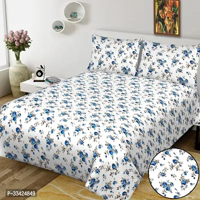 Beautiful White Cotton Floral Print 1 Bedsheet + 2 Pillowcovers-thumb0