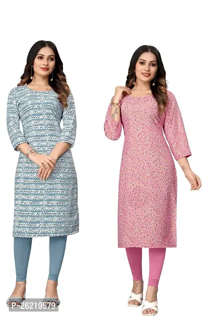 Stylish Crepe Multicoloured Printed Straight Kurta For Women Combo Of 2-thumb0