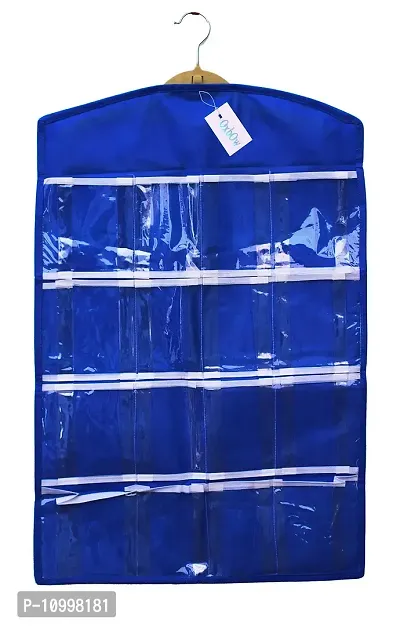 OxbOw 16 Clear Pockets Hanging Organizer Bag for Socks Bra Underwear Undergarments Cupboard Belt Ties Scarf Jewelry Accessories Lingerie Storage Organiser (75X45 cm) (Blue)