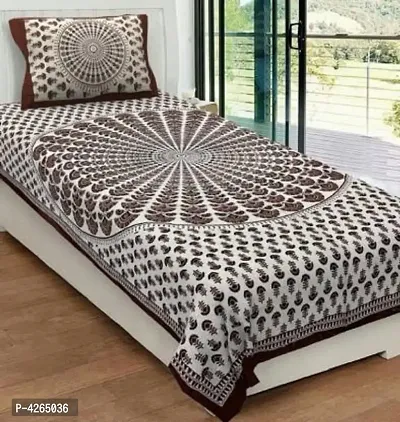 Jaipuri Printed Brown More Pankh Cotton Singal Bedsheet With 1 Pillow Covers