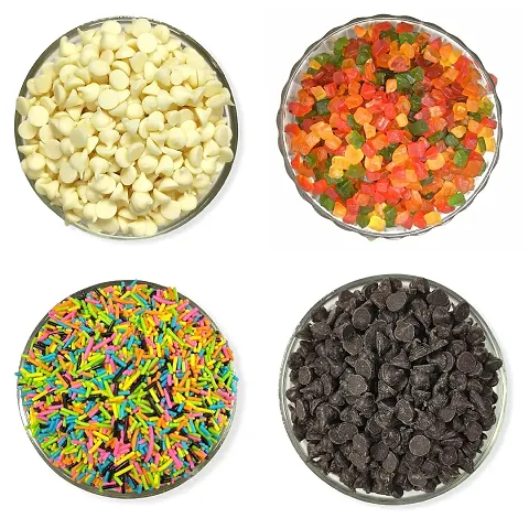 Dry Fruit Hub Sprinkles Choco Chips Combo 450gms, Sprinkles for Cake Decoration 125gm, Tutty Fruity 125gm, Dark Choco Chips 100gm, White Choco Chips 100gm, Choco Chips Packet for Cake