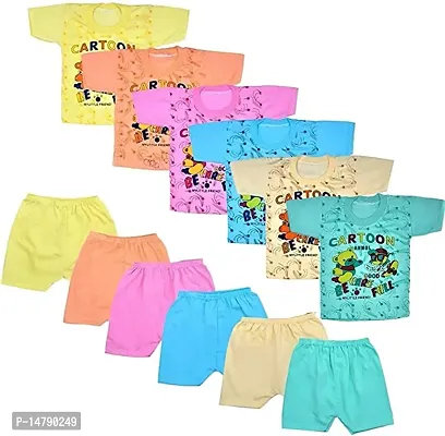 Hosiery Cotton Dress for Newborn Baby Boy  Girl Clothing Round Neck T-shirt with Shorts, Combo Pack of 6 (Color Print Designs May Vary) 06 SET