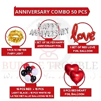 Bubble Trouble Happy Anniversary Balloons Decoration Kit Combo 16 Letters Foil, Fairy Light, Love Foil, Heart Foil  45 Pcs Balloons Husband Marriage First Girls Boys (Red Theme, Pack of 50)-thumb1
