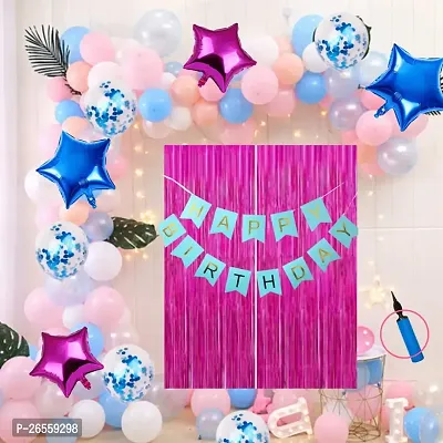 Bubble Trouble Happy Birthday Decoration Kit Pack of 75 Combo with 1 Pc Blue Birthday Banner, 2 pcs Pink Fringe Foil Curtains, 2 Pcs Pink Star Foil, 2 Pcs Blue Star for Kids Birthday Decoration Items