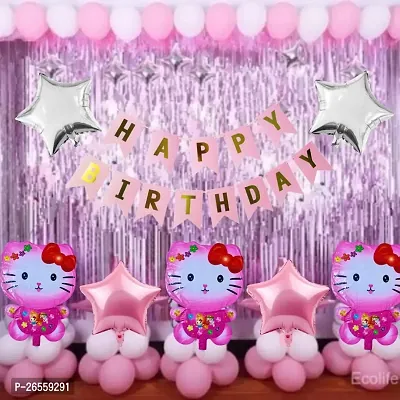 Bubble Trouble Hello Kitty Birthday Party Decoration Theme Kit Items Combo 49 Pcs for Baby Kids Girl, Foil Balloons Set, Pink  White Balloons,Curtains, Bday Girl